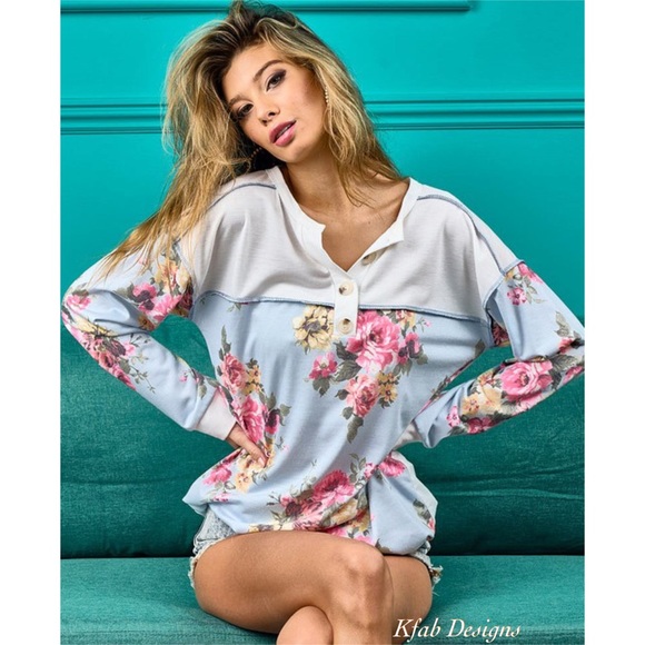 ❤️LAST ONE! Floral Contrast Print French Terry Super Soft Henley - Picture 5 of 13